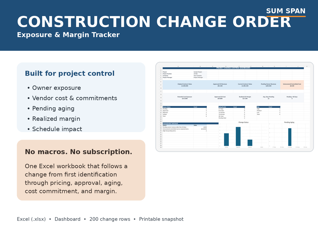 Sum Span Construction Change Order Exposure and Margin Tracker Excel template cover
