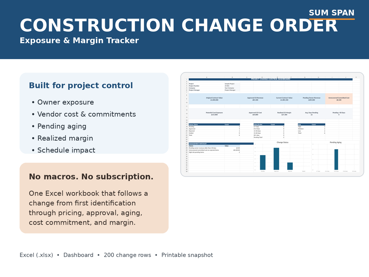 Sum Span Construction Change Order Exposure and Margin Tracker Excel template cover