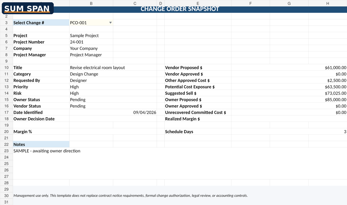 Sum Span Excel change order snapshot summary preview for a selected construction change