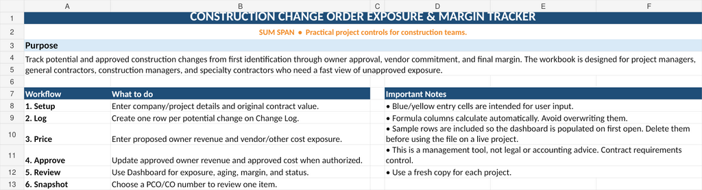 Sum Span Excel change order tracker start here instructions and workflow