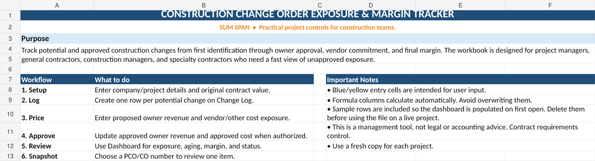 Sum Span Excel change order tracker start here instructions and workflow